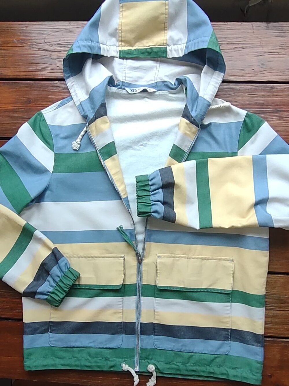 Zara Nautical Striped Utility Rain Jacket Medium Hood Coastal Fisherman Outdoor